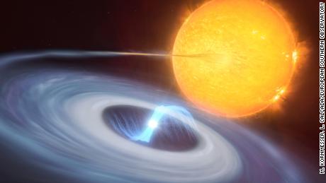 Bu resimde iki yıldızlı bir sistem gösterilmektedir.  Malzemeyi yoldaş yıldızdan uzaklaştırırken beyaz bir cücenin yörüngesinde dönen mavi bir malzeme diski görülebilir.
