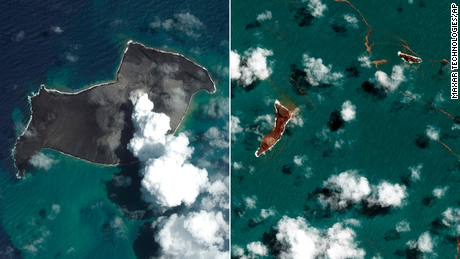 (Soldan sağa) 6 Ocak ve 18 Ocak tarihli uydu görüntüleri, Tonga yakınlarındaki volkanik patlamanın etkisini gösteriyor.