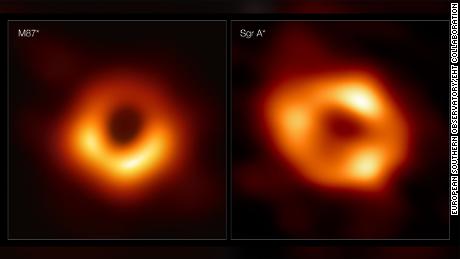 Bu paneller bir kara deliğin ilk iki görüntüsünü gösterir.  Solda M87 * ve sağda A * yayı var.