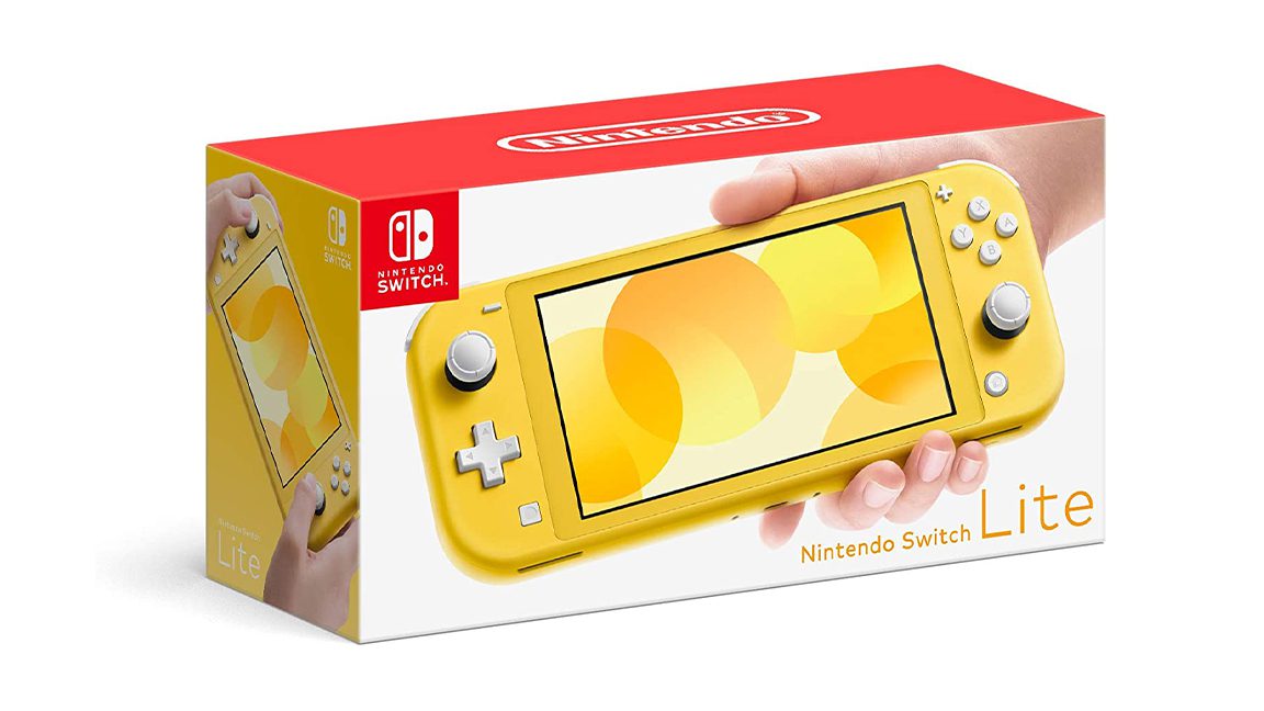 Nintendo Switch Lite için sarı bir kutunun resmi