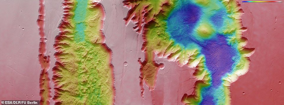Yukarıdaki resim: ESA'nın Mars Express'i tarafından toplanan verilerden oluşturulan Mars'ın Valles Marineris Kanyonu yapısının bir parçasını oluşturan Ius ve Tithonium Chasmata'yı gösteren renk kodlu bir topografik görüntü