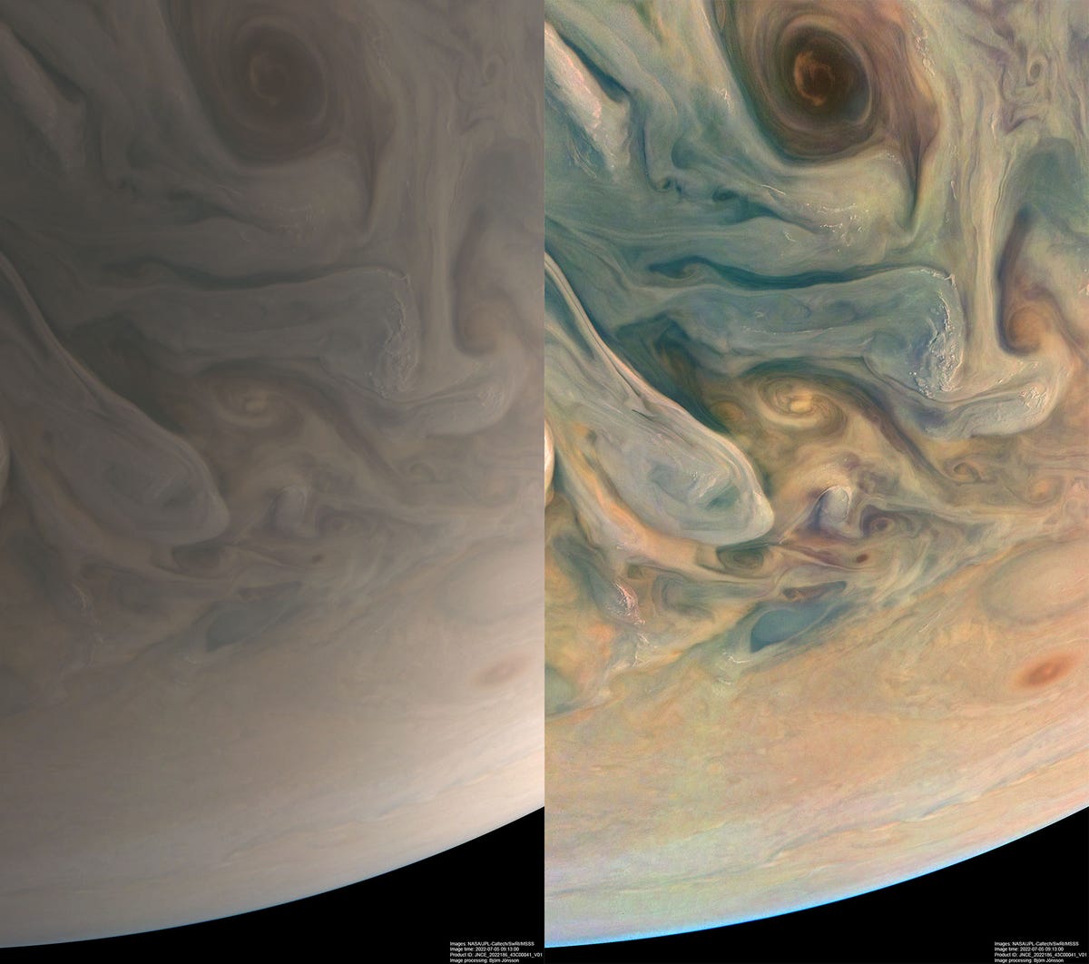 Solda Jüpiter'in yumuşak bej versiyonu var.  Sağda, mavi, turuncu ve sarı tonları dışında aynı görüntü var.