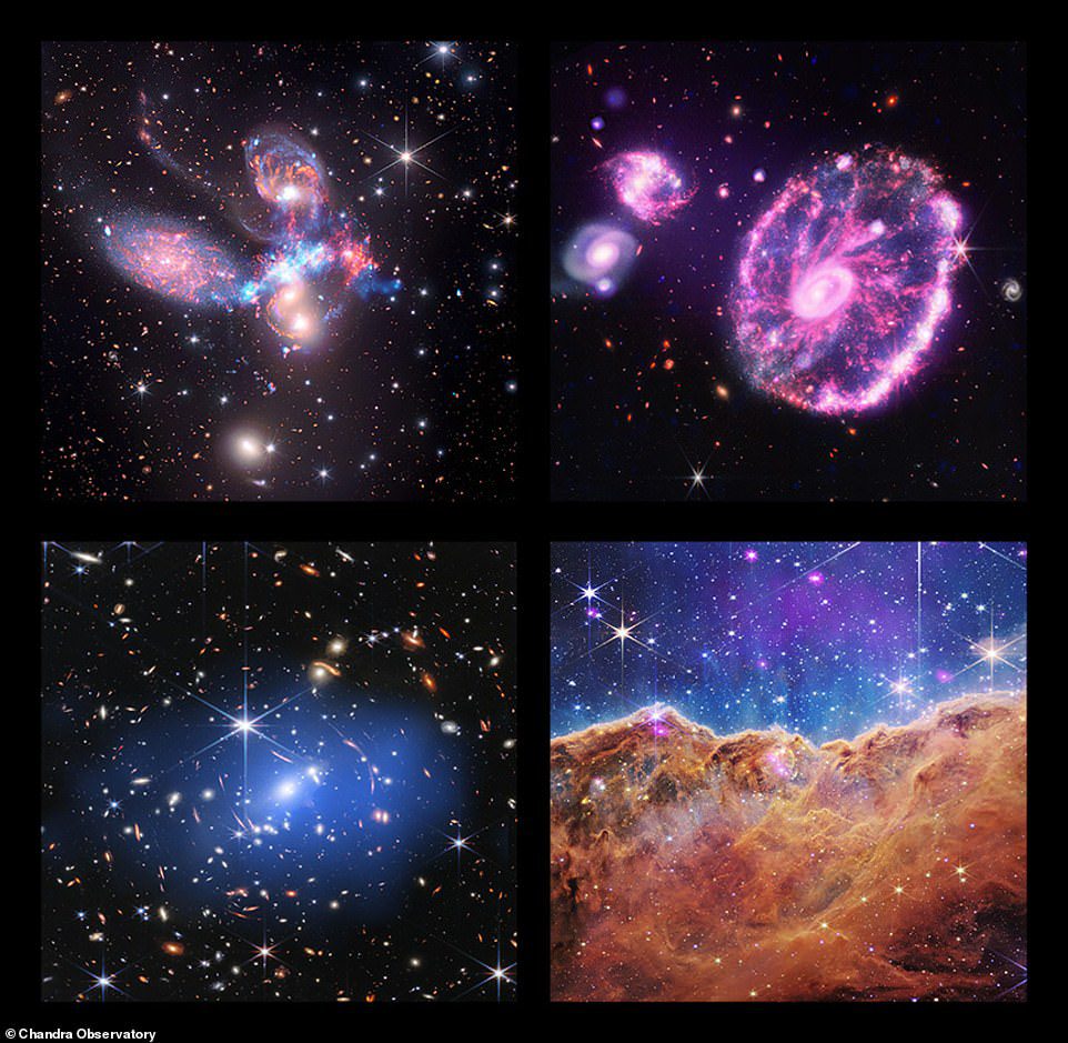Yeni yayınlanan görüntüler (saat yönünde, sol üstten): Stephens Quintet, Cartwheel Gökadası, Karina Bulutsusu'nun Kozmik Uçurumları ve SMACS 0723..3-7327