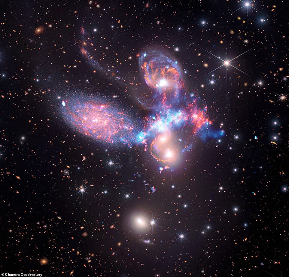 Stefan'ın Pentagram'ındaki (yukarıda) dört galaksi, yerçekimi tarafından tasarlanmış karmaşık bir dansa maruz kalıyor