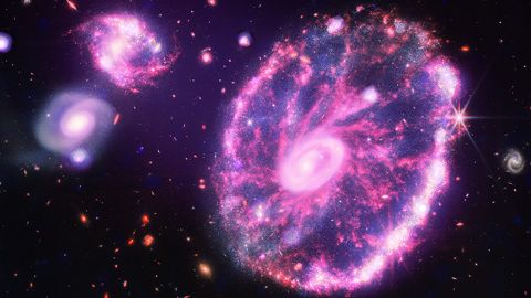 Chandra'nın X-ışını verileri, Cartwell Tekerlek Gökadası'nın Webb Teleskobu görüntüsündeki parlamalara katkıda bulundu.