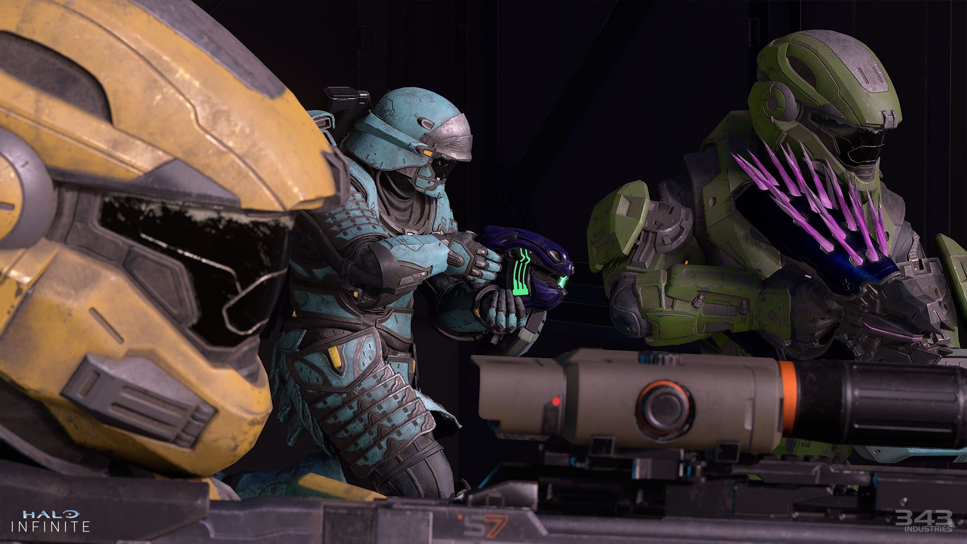 Cadet Görünümlerine sahip birkaç Spartan Armor çekirdeğinin Halo Infinite Action ekran görüntüsü
